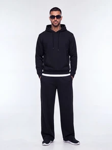 Manfinity Homme Men Solid Kangaroo Pocket Drawstring Hoodie, Fall, Long Sleeve Top - Black - View 6