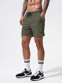 Manfinity KASUA Men Letter Graphic Drawstring Waist Swim Trunks & Compression Liner Milk Silk Lining Beach Shorts, Hawaiian, Holiday - Army Green - View 2