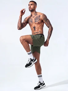 Manfinity KASUA Men Letter Graphic Drawstring Waist Swim Trunks & Compression Liner Milk Silk Lining Beach Shorts, Hawaiian, Holiday - Army Green - View 5