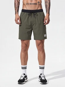 Manfinity KASUA Men Letter Graphic Drawstring Waist Swim Trunks & Compression Liner Milk Silk Lining Beach Shorts, Hawaiian, Holiday - Army Green - View 6