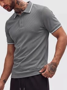 Manfinity Homme 男士對比飾邊 Polo 衫，正式款 - 灰色 - 查看 6