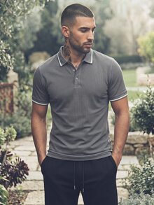 Manfinity Homme 男士對比飾邊 Polo 衫，正式款 - 灰色 - 查看 5