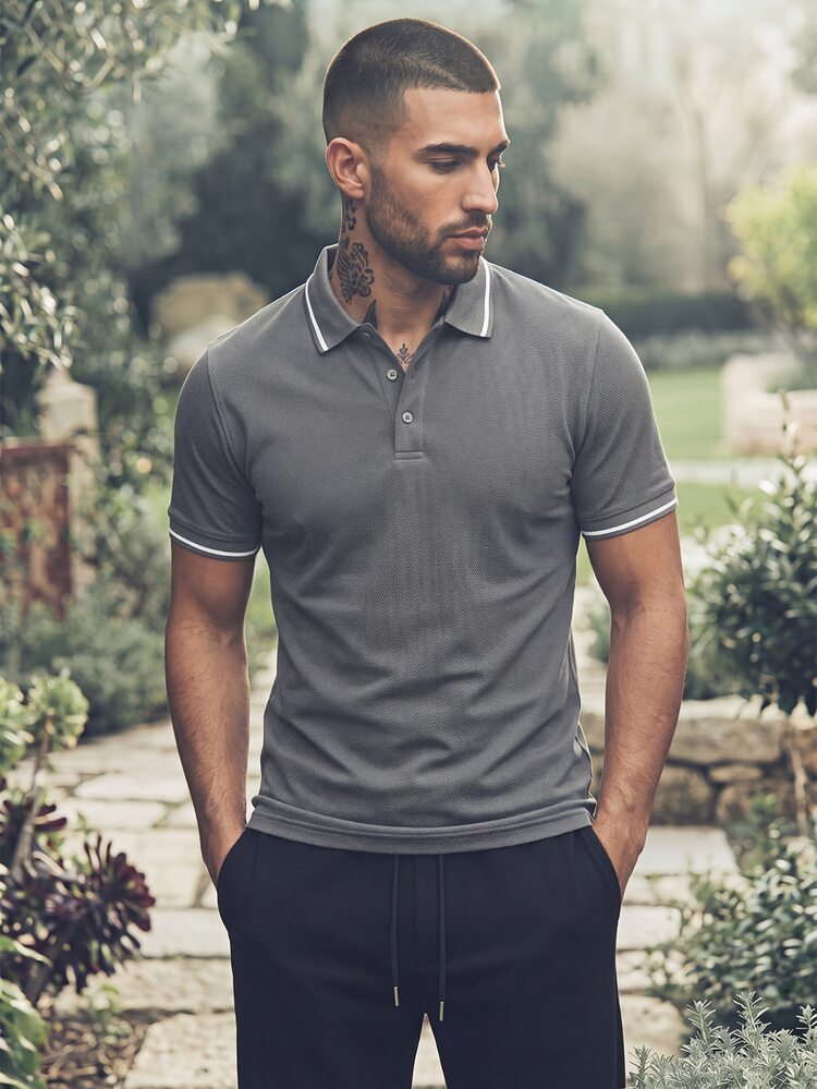Manfinity Homme Men Contrast Trim Polo Shirt, Formal - Grey - View 5