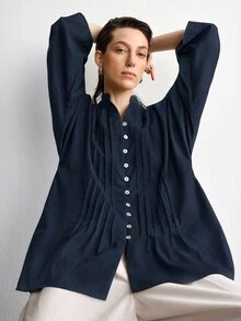 Aalyst Women's Summer New Cotton Linen Casual Minimalist Slouchy Versatile Holiday Premium Striped Craftsmanship Premium Shell Button V-Neck Premium Drop Shoulder Long Sleeve Blouse - Navy Blue - View 6