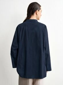 Aalyst Women's Summer New Cotton Linen Casual Minimalist Slouchy Versatile Holiday Premium Striped Craftsmanship Premium Shell Button V-Neck Premium Drop Shoulder Long Sleeve Blouse - Navy Blue - View 2