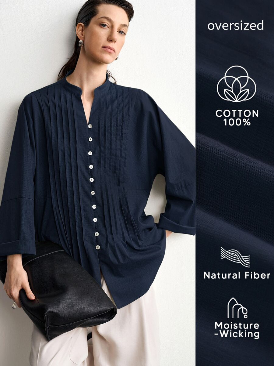 Aalyst Women's Summer New Cotton Linen Casual Minimalist Slouchy Versatile Holiday Premium Striped Craftsmanship Premium Shell Button V-Neck Premium Drop Shoulder Long Sleeve Blouse - Navy Blue - View 1
