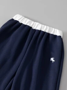 SHEIN 女童休閒運動風 80 年代 2 件套，秋季，紐約字母圖案立領運動衫與短褲，校園穿搭，學校，海軍藍運動風 - 彩色 - 查看 7