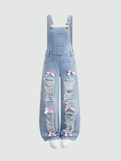 SHEIN Teen Girls Light Blue Distressed Loose Fit Denim Overalls Cowgirl Going Out Concert Outfit For Girl Cutecore
