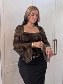 SHEIN CURVE+ 大尺碼女款休閒浪漫花卉印花喇叭袖上衣 秋季 - 彩色 - 查看 6