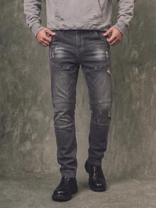 IRON GLYPH Men's Mature Street Style Slim Fit Asymmetrical Distressed Grey Denim Jeans, Spring/Summer - Grey - View 7