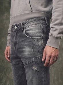 IRON GLYPH Men's Mature Street Style Slim Fit Asymmetrical Distressed Grey Denim Jeans, Spring/Summer - Grey - View 6