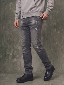 IRON GLYPH Men's Mature Street Style Slim Fit Asymmetrical Distressed Grey Denim Jeans, Spring/Summer - Grey - View 2