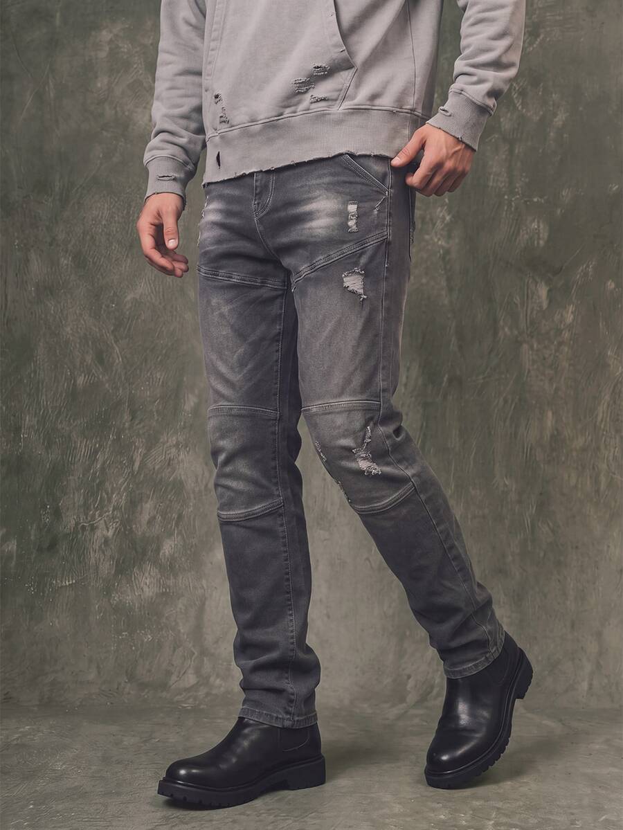 IRON GLYPH Men's Mature Street Style Slim Fit Asymmetrical Distressed Grey Denim Jeans, Spring/Summer