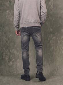 IRON GLYPH Men's Mature Street Style Slim Fit Asymmetrical Distressed Grey Denim Jeans, Spring/Summer - Grey - View 3