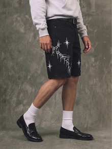IRON GLYPH Men's Street Fashion Casual Embroidered Black Denim Shorts, Suitable For Parties And Outings, Emo Style - Black - View 5