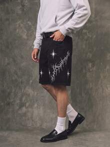 IRON GLYPH Men's Street Fashion Casual Embroidered Black Denim Shorts, Suitable For Parties And Outings, Emo Style - Black - View 2
