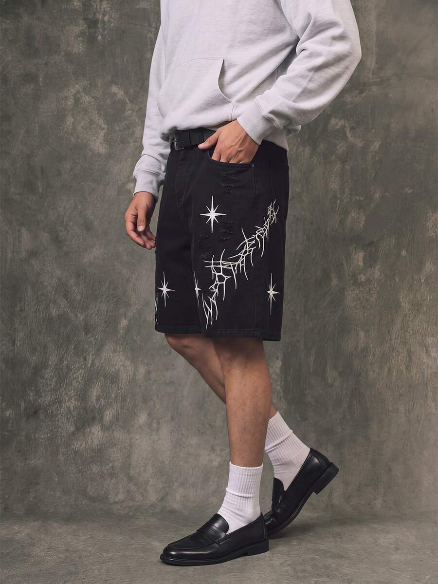 IRON GLYPH Men's Street Fashion Casual Embroidered Black Denim Shorts, Suitable For Parties And Outings, Emo Style