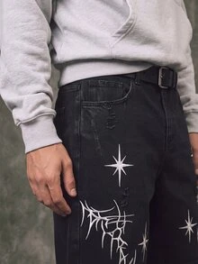 IRON GLYPH Men's Street Fashion Casual Embroidered Black Denim Shorts, Suitable For Parties And Outings, Emo Style - Black - View 7
