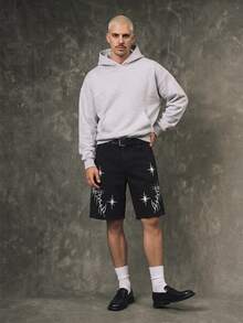 IRON GLYPH Men's Street Fashion Casual Embroidered Black Denim Shorts, Suitable For Parties And Outings, Emo Style - Black - View 4
