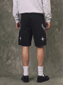 IRON GLYPH Men's Street Fashion Casual Embroidered Black Denim Shorts, Suitable For Parties And Outings, Emo Style - Black - View 3