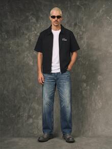 GENIUS ODE Casual & Commute Washed Black Loose Denim Jacket With Embroidered Letter, Spring/Summer - Black - View 6