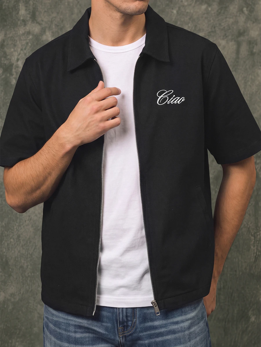 GENIUS ODE Casual & Commute Washed Black Loose Denim Jacket With Embroidered Letter, Spring/Summer - Black - View 1