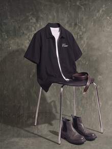 GENIUS ODE Casual & Commute Washed Black Loose Denim Jacket With Embroidered Letter, Spring/Summer - Black - View 5