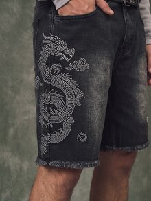 IRON GLYPH 男士水钻装饰斜插口袋毛边休闲阔腿牛仔短裤 - 黑色 - 查看 6