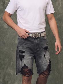 IRON GLYPH Men's Fashionable Gradient Color Distressed Fringed Washed Gray Gradient Denim Shorts, Holiday - Grey - View 4