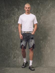 IRON GLYPH Men's Fashionable Gradient Color Distressed Fringed Washed Gray Gradient Denim Shorts, Holiday - Grey - View 5