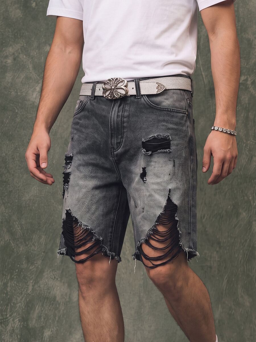 IRON GLYPH Men's Fashionable Gradient Color Distressed Fringed Washed Gray Gradient Denim Shorts, Holiday