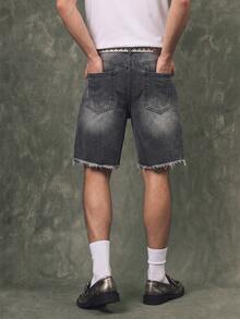IRON GLYPH Men's Fashionable Gradient Color Distressed Fringed Washed Gray Gradient Denim Shorts, Holiday - Grey - View 3