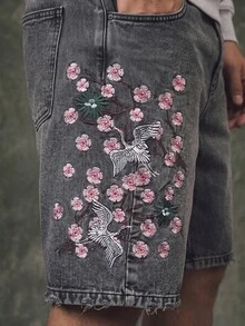 IRON GLYPH 男士街頭風休閒刺繡灰色牛仔短褲 - 灰色 - 查看 7