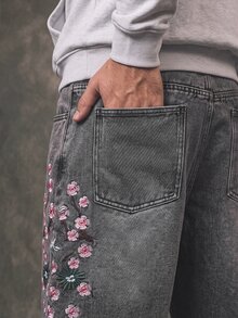 IRON GLYPH 男士街頭風休閒刺繡灰色牛仔短褲 - 灰色 - 查看 6