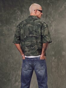 IRON GLYPH Men's Streetwear Casual Embroidered Loose Camouflage Denim Short Sleeve Shirt - Army Green - View 3