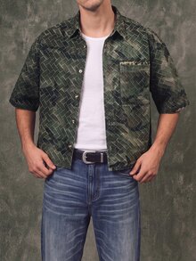IRON GLYPH Men's Streetwear Casual Embroidered Loose Camouflage Denim Short Sleeve Shirt - Army Green - View 6