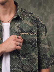 IRON GLYPH Men's Streetwear Casual Embroidered Loose Camouflage Denim Short Sleeve Shirt - Army Green - View 5