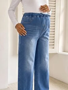 SHEIN 孕婦休閒水洗保暖內裡牛仔褲 女款牛仔女孩造型 感恩節西部風 - 藍色 - 查看 7