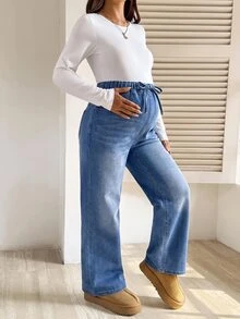 SHEIN 孕婦休閒水洗保暖內裡牛仔褲 女款牛仔女孩造型 感恩節西部風 - 藍色 - 查看 5