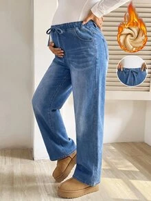 SHEIN 孕婦休閒水洗保暖內裡牛仔褲 女款牛仔女孩造型 感恩節西部風 - 藍色 - 查看 1