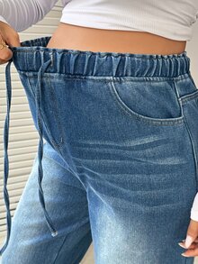 SHEIN 孕婦休閒水洗保暖內裡牛仔褲 女款牛仔女孩造型 感恩節西部風 - 藍色 - 查看 9