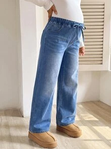 SHEIN 孕婦休閒水洗保暖內裡牛仔褲 女款牛仔女孩造型 感恩節西部風 - 藍色 - 查看 6