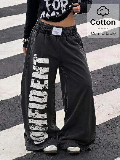 Muchica Women's New Black Vintage Washed Wide Waist Letter Print Casual Loose Sweatpants For Going Out, Streetwear
