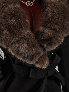 Amplova Women's Fur Collar Waist-Cinching Overcoat - Black - View 7
