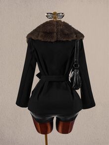 Amplova Women's Fur Collar Waist-Cinching Overcoat - Black - View 4
