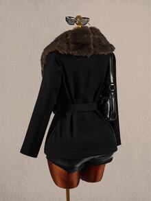 Amplova Women's Fur Collar Waist-Cinching Overcoat - Black - View 9