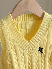 SHEIN 女童V領無袖麻花編織黃色針織背心，附刺繡熊圖案貼布 - 黃色 - 查看 5