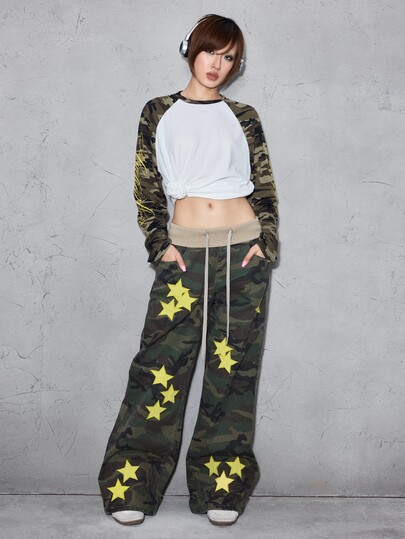 Street Life Herbst/Winter Street Style Raglanärmel Patchwork Camouflage Kontrastfarben Slogan Muster Locker sitzendes Base Layer T-Shirt