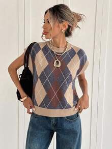 Siren Gaze Striped Top Vintage Versatile Argyle Jacquard Knit Top - Multicolor - View 5