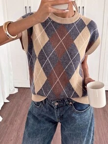 Siren Gaze Striped Top Vintage Versatile Argyle Jacquard Knit Top - Multicolor - View 2